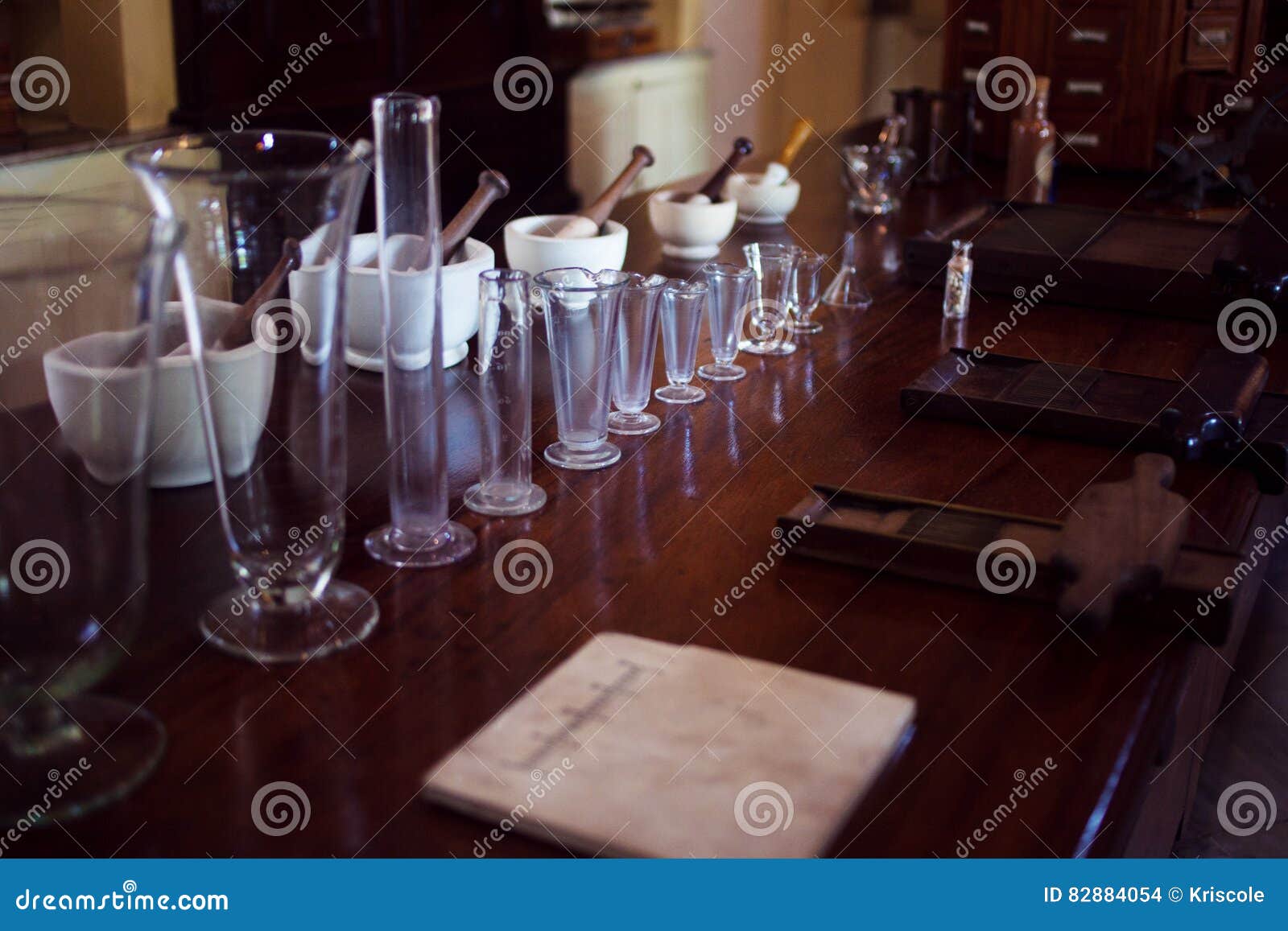 vintage ceramic mortar and beakers. chemical laboratory, pharmacy