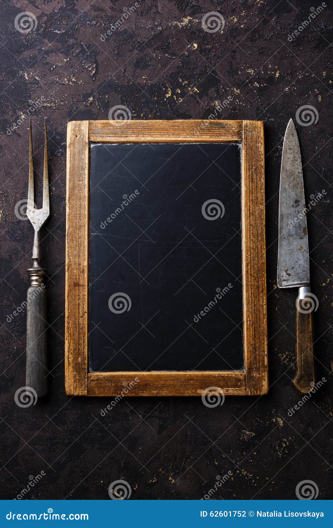 Vintage Chalk Board And Fork And Knife Stock Photo Image of template