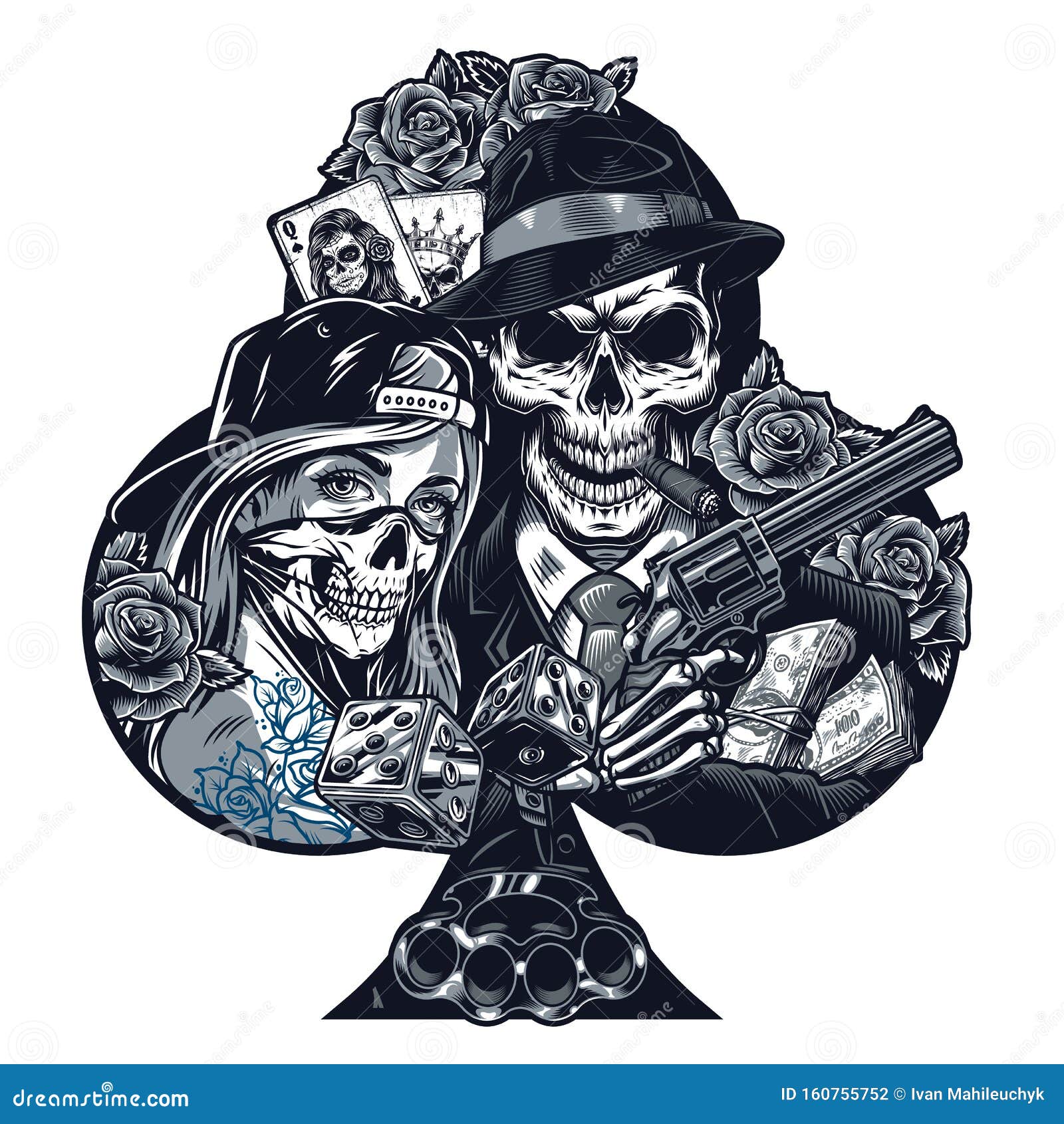 Vintage Monochrome Chicano Tattoo Template With Pretty Girl In Baseball Cap  Antique Pocket Watches Skull In Crown Rose Flowers Snake Is Wrapped About  Dagger Isolated Vector Illustration Royalty Free SVG Cliparts Vectors
