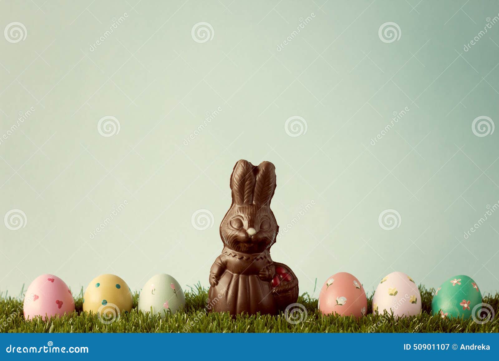 Vintage Chocolate Bunny with Easter Eggs Over Grass Stock Image Image