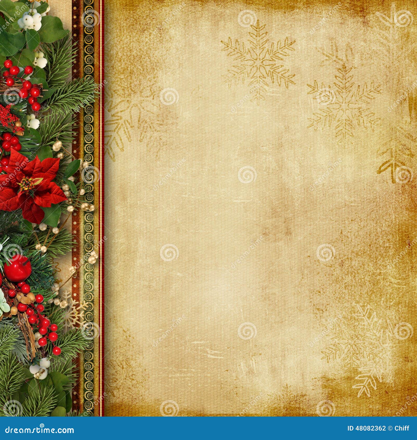 vintage christmas background with holly and firtree