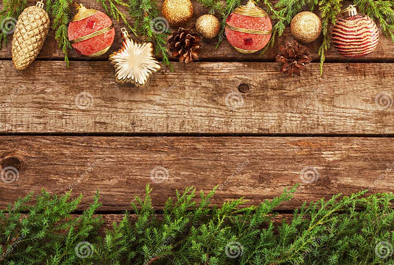 Vintage Christmas Background - Old Wood and Pine Branch Stock Photo ...