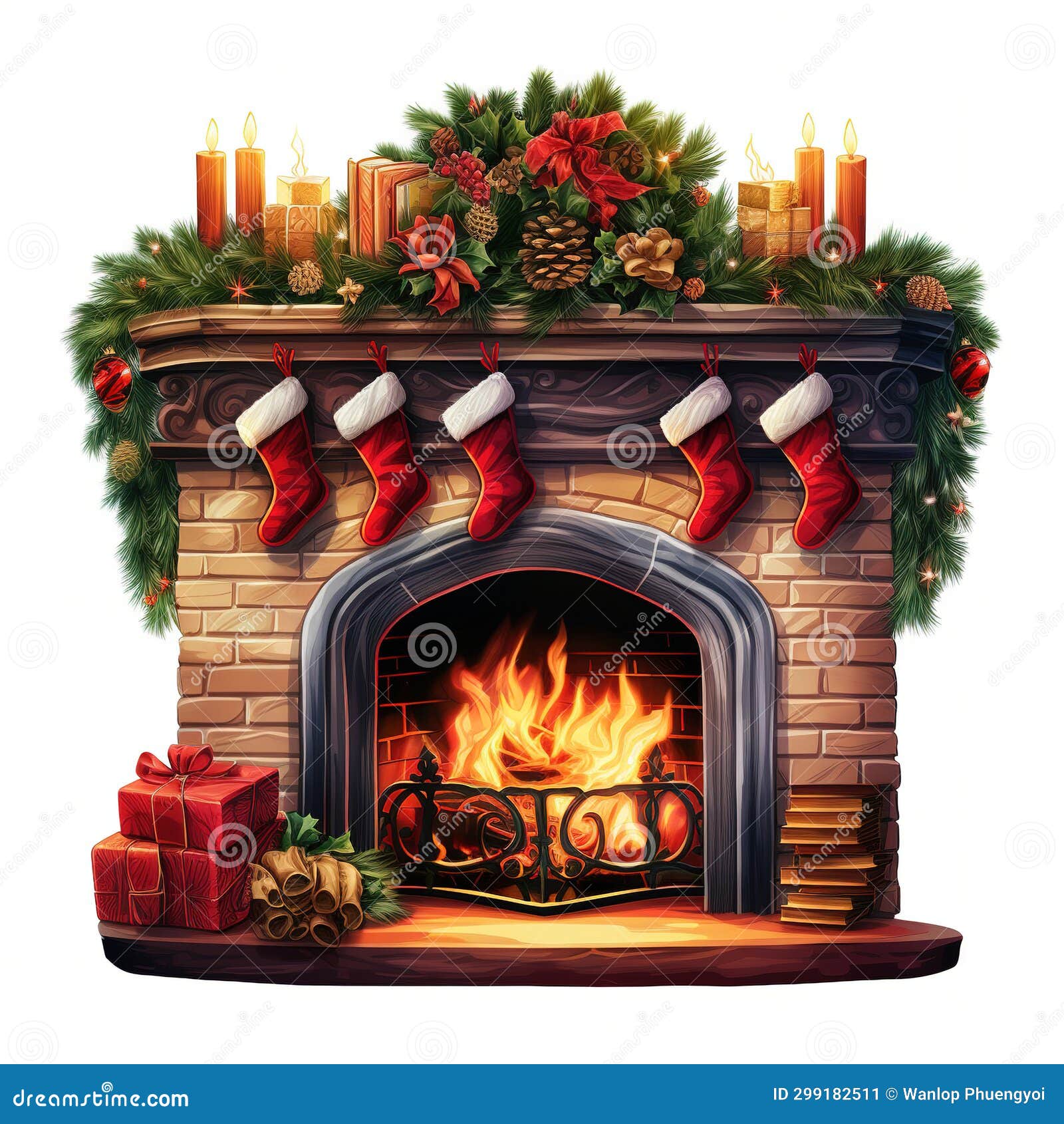 Vintage Christmas Fireplaces Artwork Isolated on White Background Stock ...