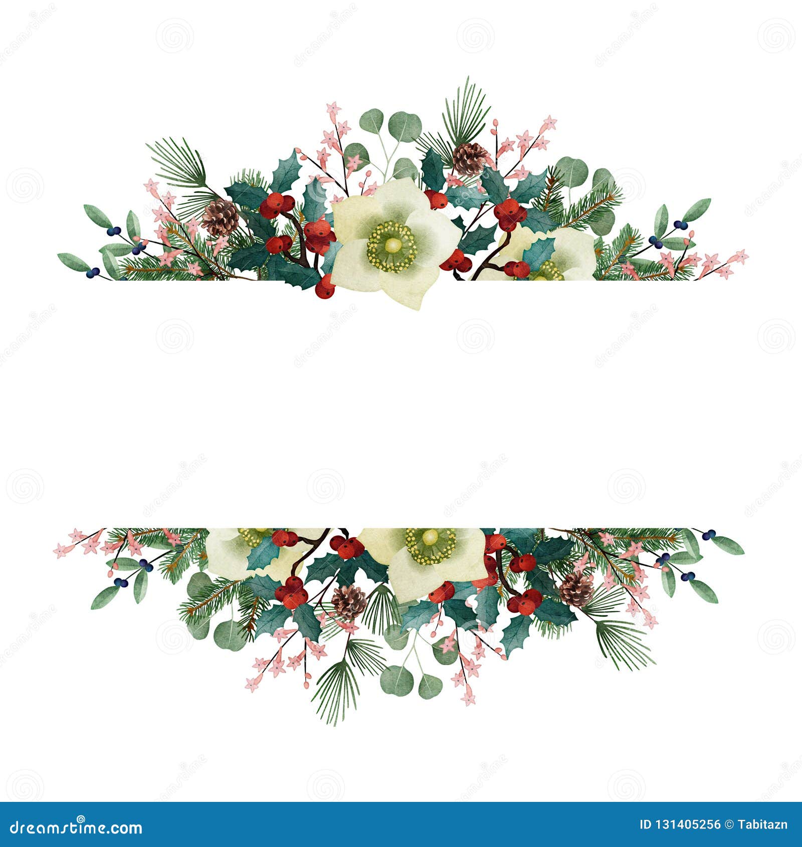 Vintage Christmas Greeting Card, Invitation. Watercolor Floral Garland ...