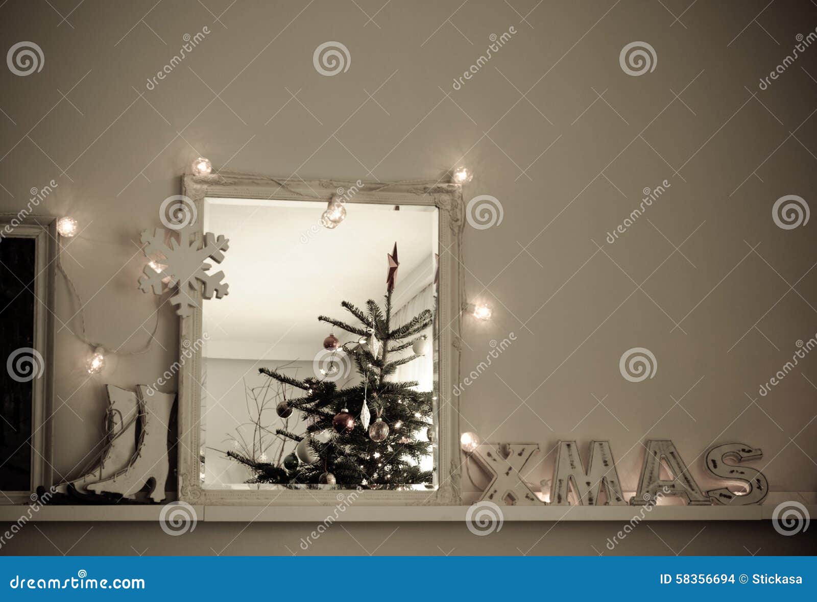 Vintage Christmas Interior Christmas Tree Reflected in Mirror Stock
