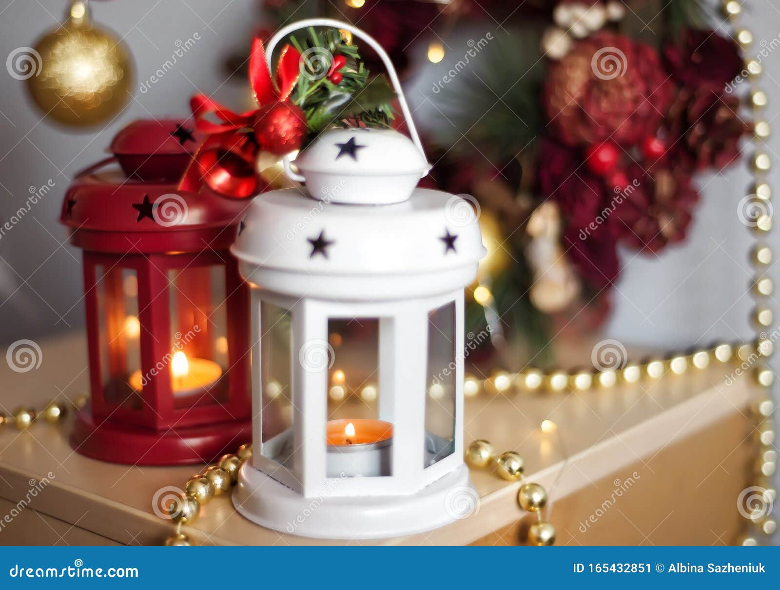 Vintage Christmas Lanterns Red and White with Burning Candles. Cozy ...