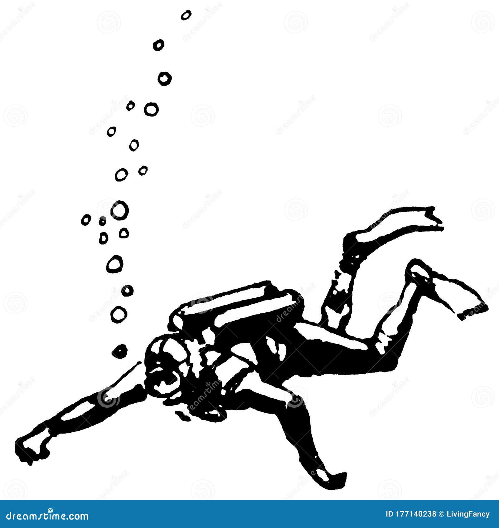 Vintage Clipart 117 Scuba Diver Underwater Stock Illustration