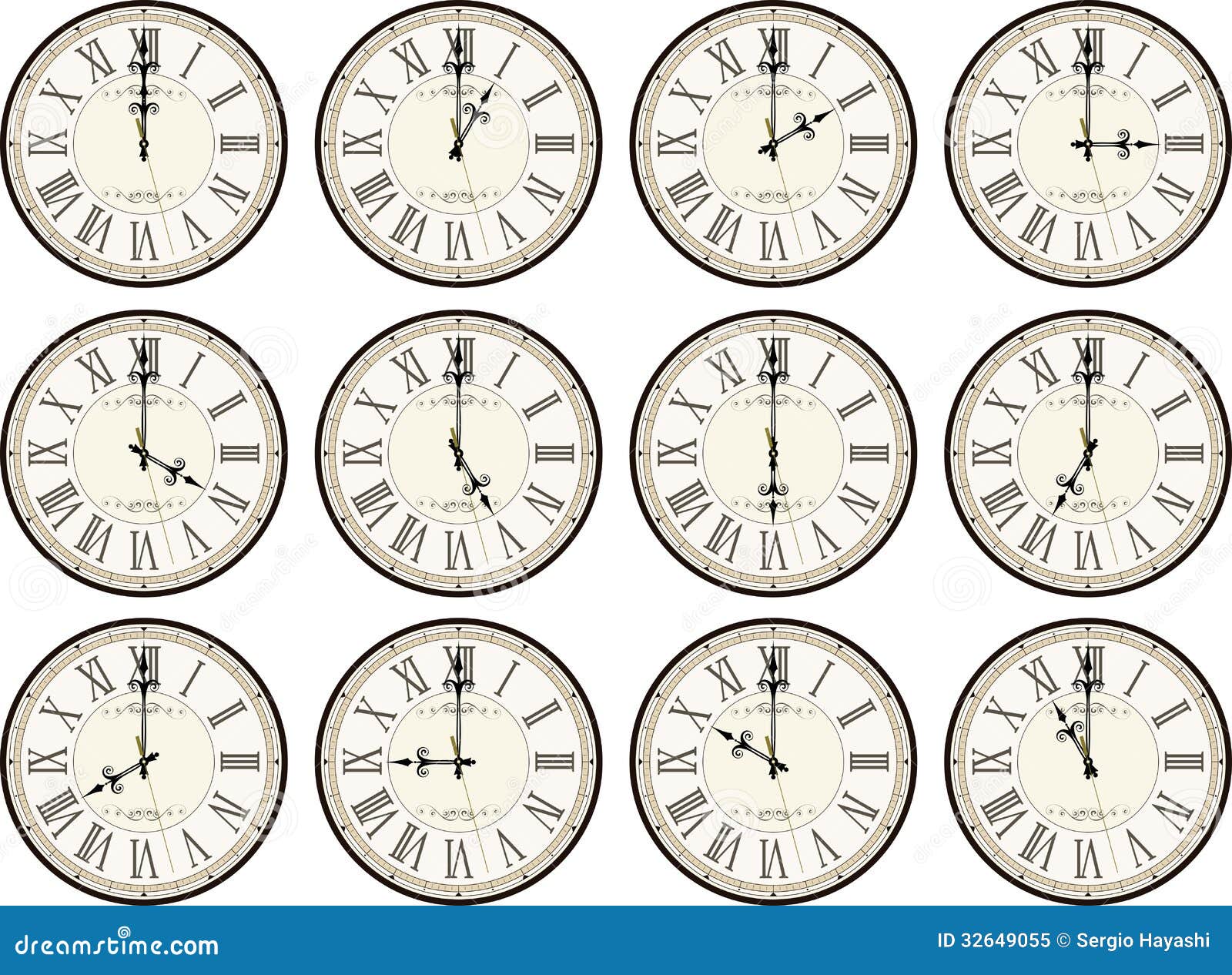 Vintage Clocks Different Times Stock Vector - Illustration of face,  timekeeper: 32649055