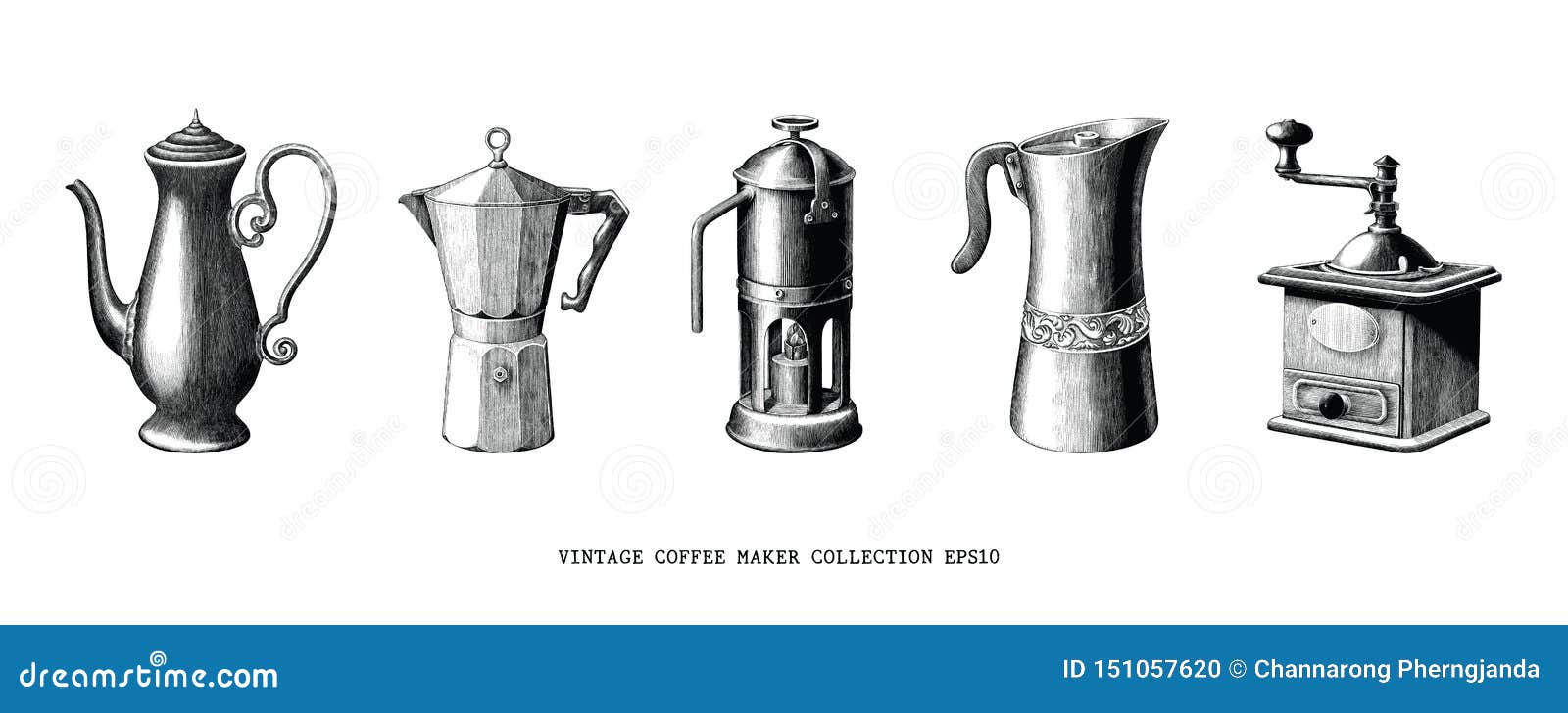 vintage coffee maker collection hand draw black and white clip art  on white background