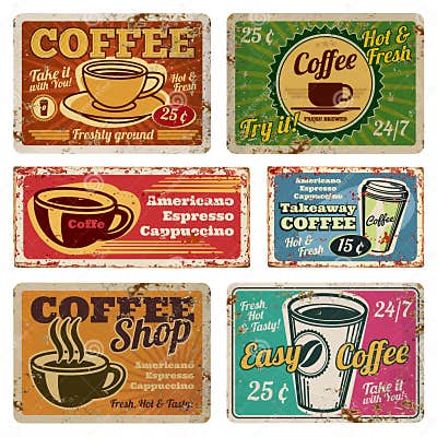 Vintage Coffee Shop and Cafe Metal Vector Signs in Old 1940s Style ...
