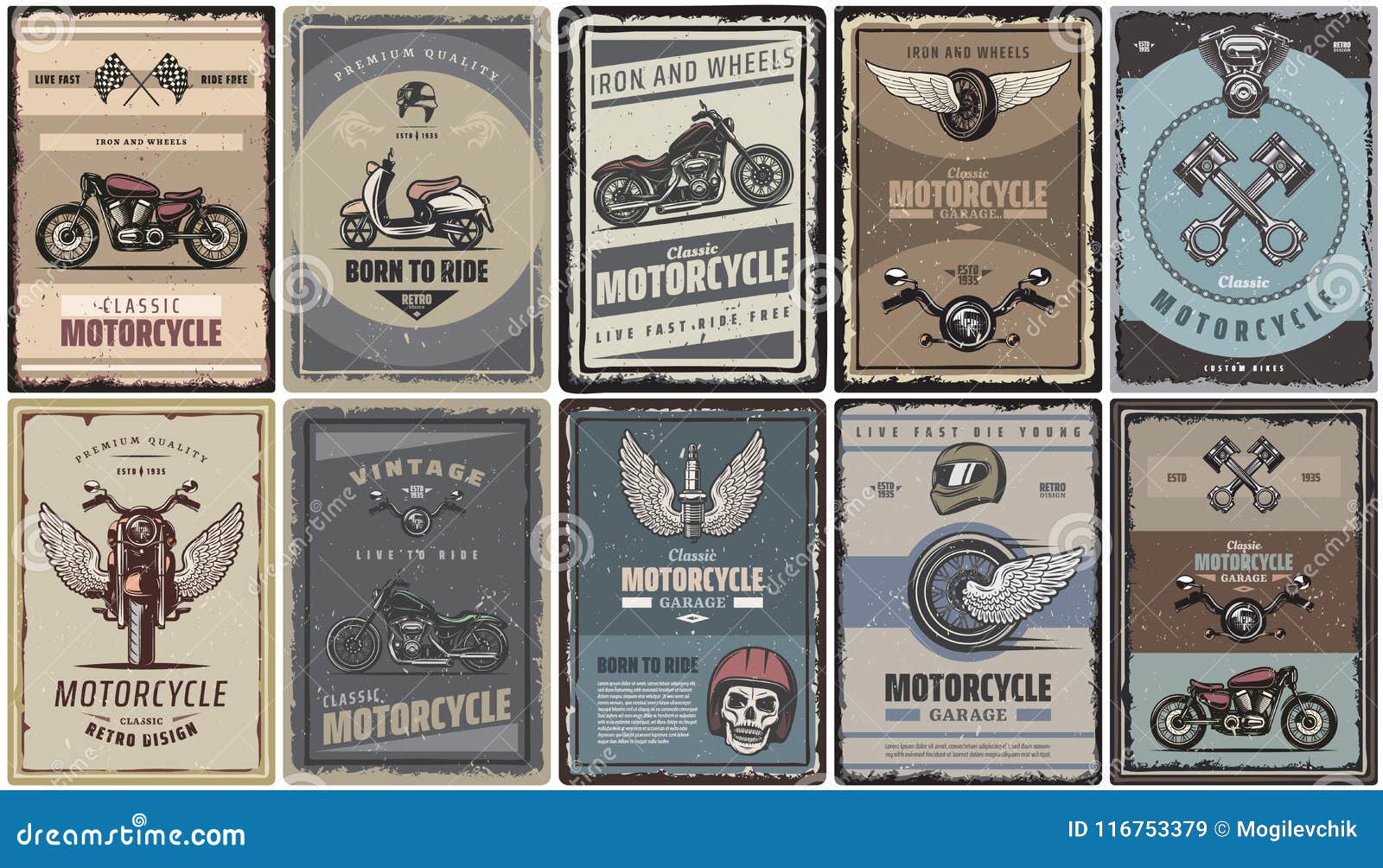 vintage colored motorcycle posters set