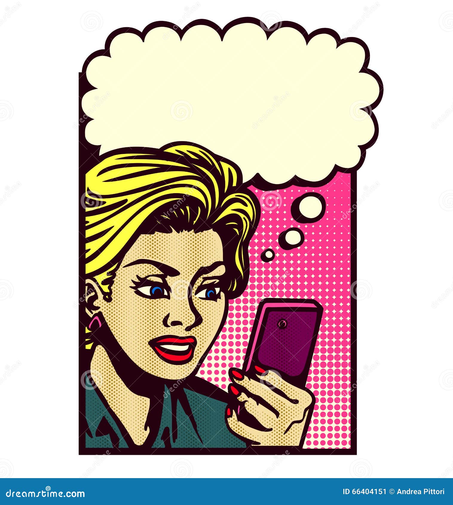 vintage comic book style woman with smartphone thinking pop art 