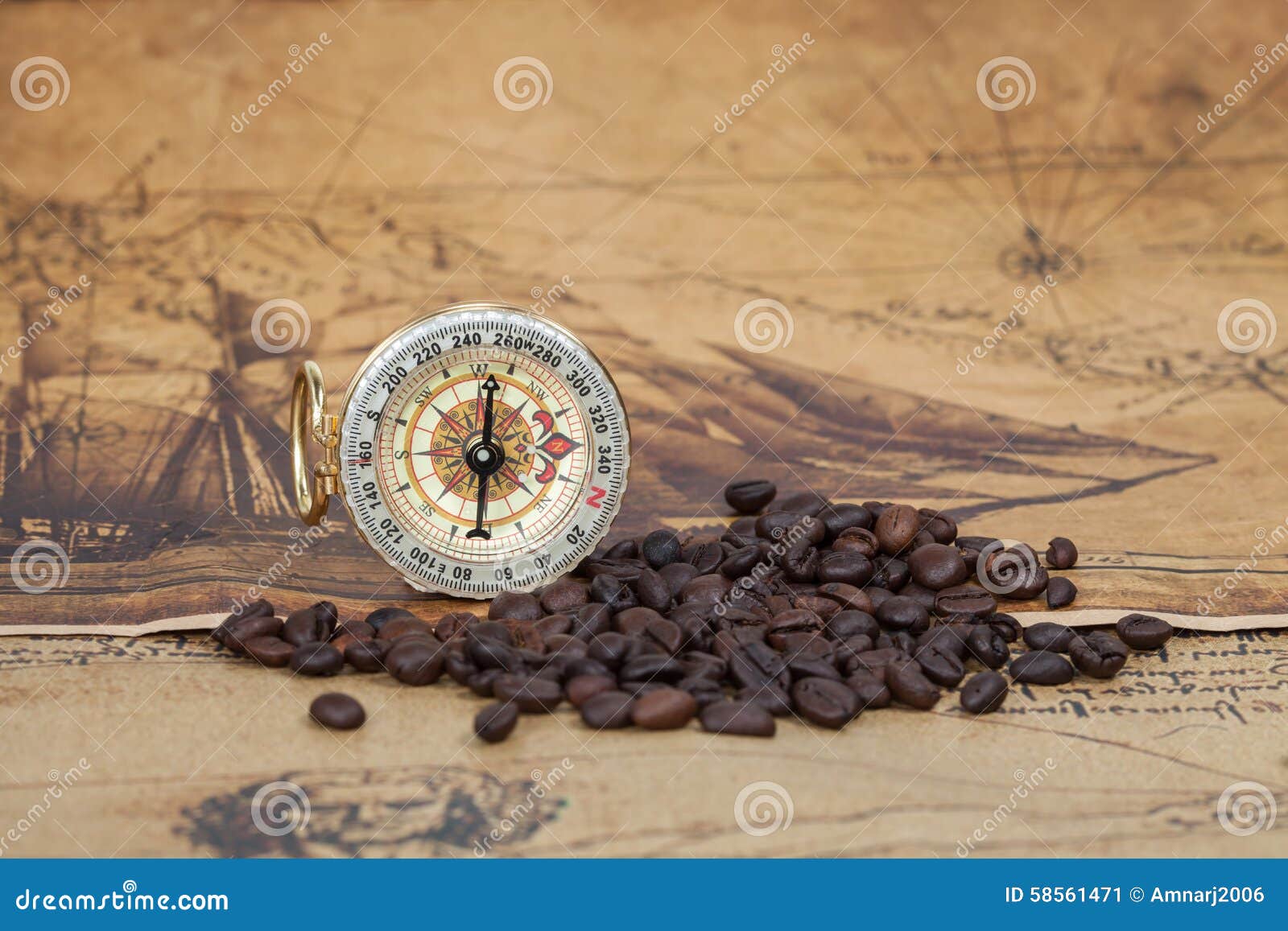 Vintage Compass and Bean Lies on Map Stock Image Image of bean