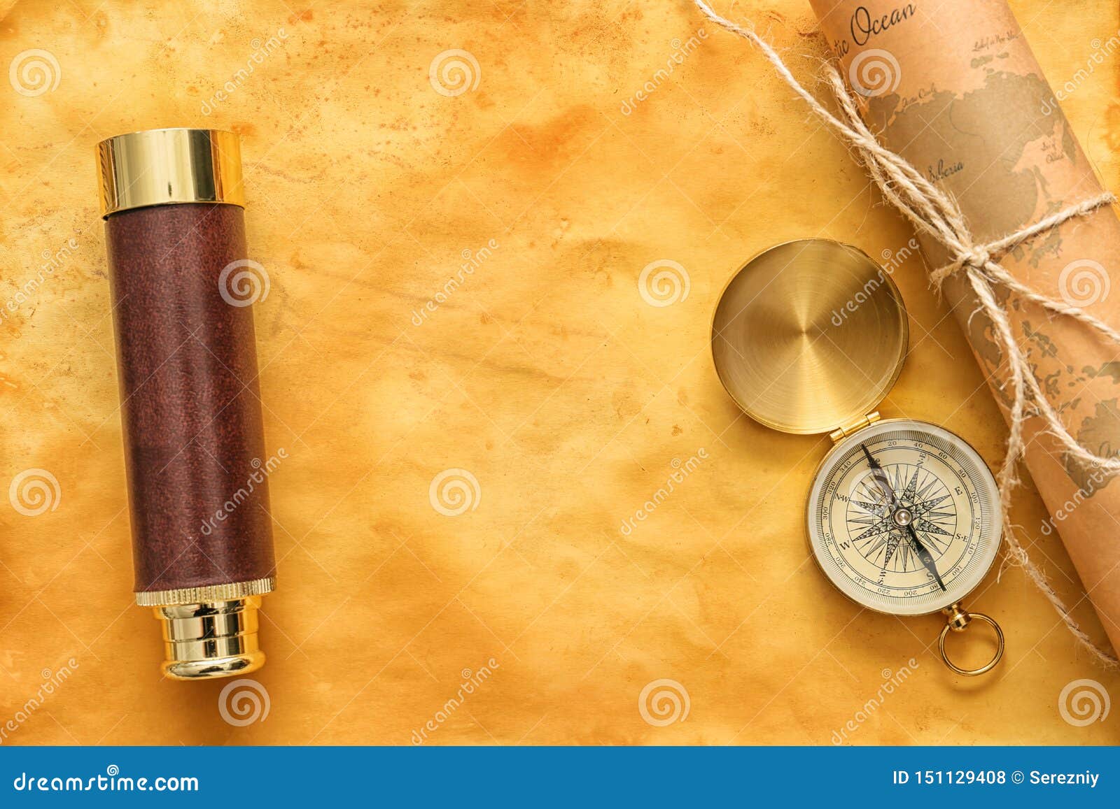 Vintage Compass with Spyglass and World Map on Old Paper, Top View ...