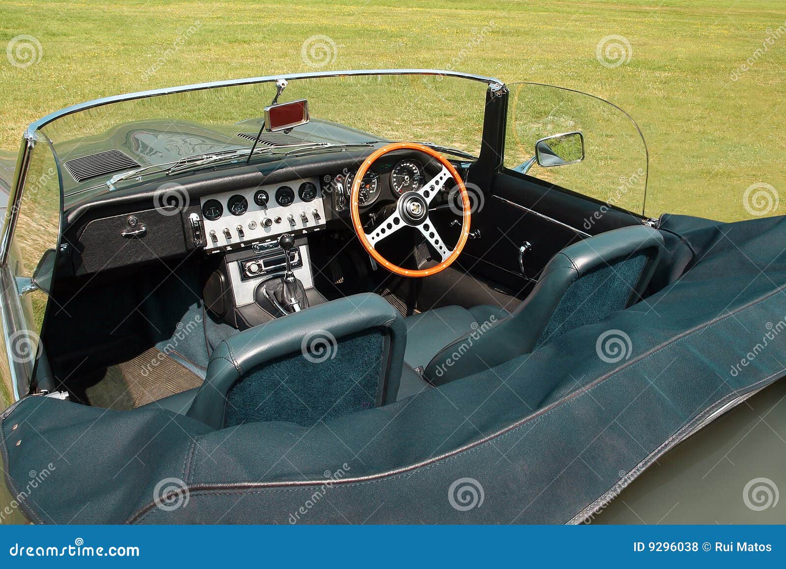 Closeup of a vintage convertible sports car interior parked in a lawn 