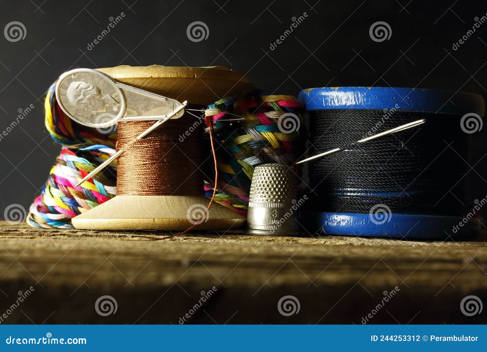 VINTAGE COTTON REELS with THREAD, NEEDLES, THIMBLE, NEELDE THREADER BRIGHT  THREAD BRAID and THREADED NEEDLES Stock Photo - Image of colorful, threading:  244253312