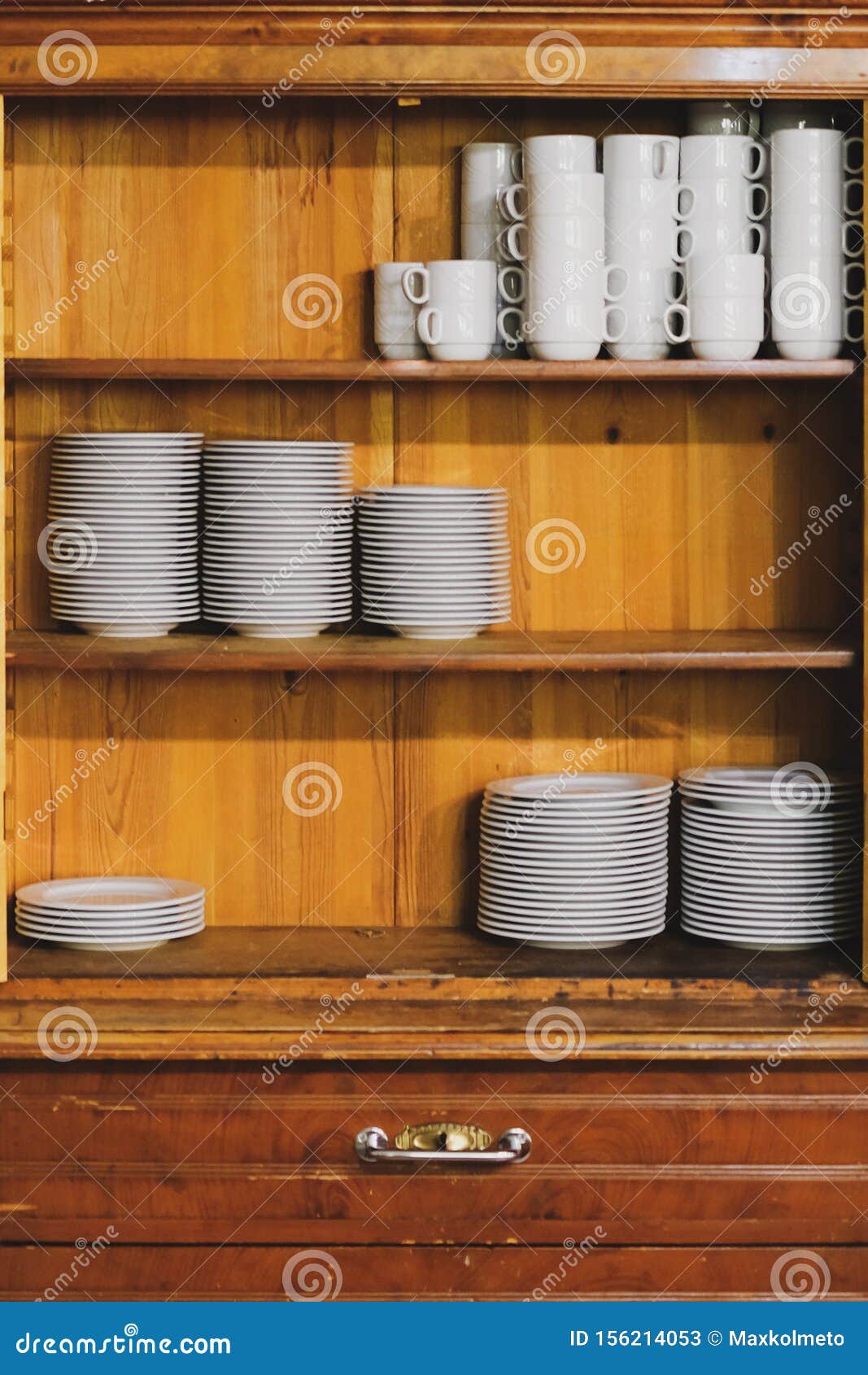 Vintage Cupboard With Dinnerware Old Wooden Kitchen Cabinet With