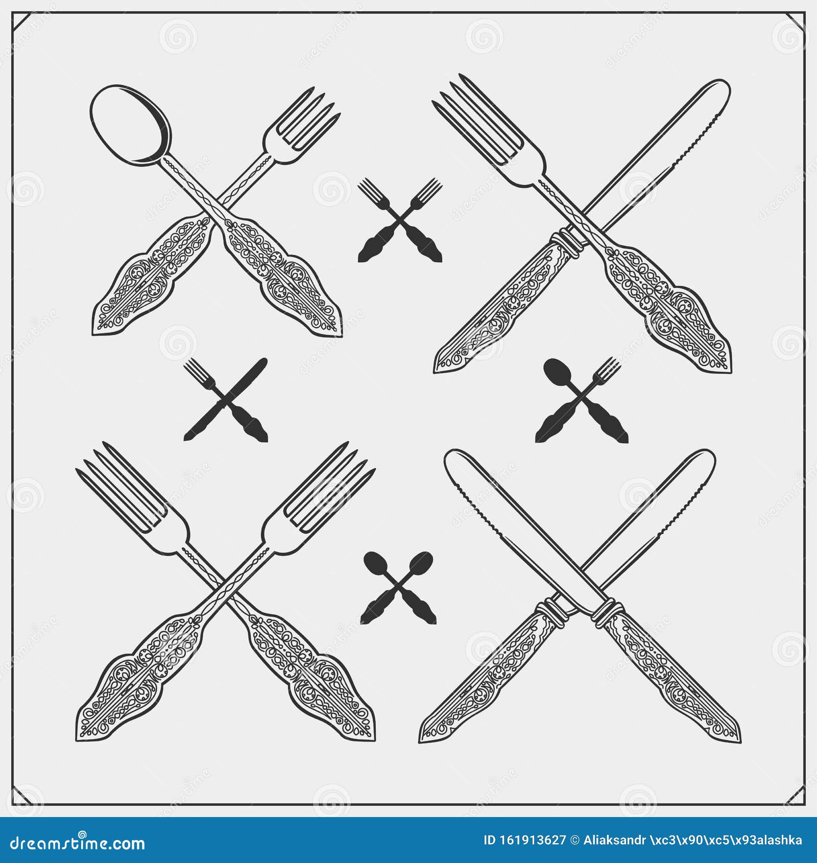 Vintage Cutlery Set. Outline Drawing Spoon, Fork And Knife. Cooking
