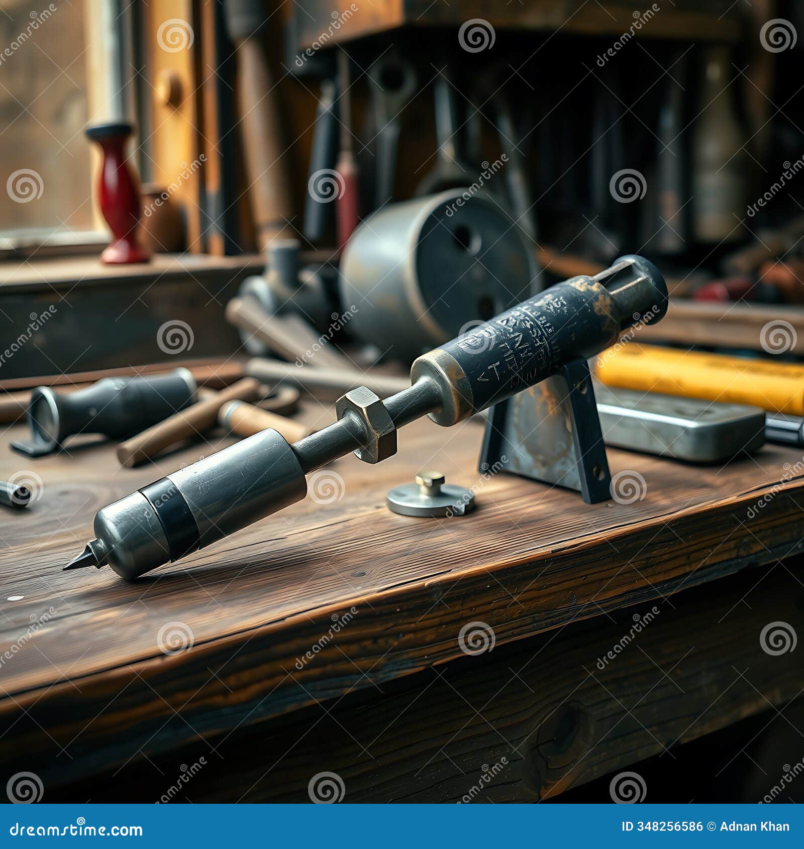 vintage deburring tool displayed on an old wooden workbench with soft natural light and aged tools in the background