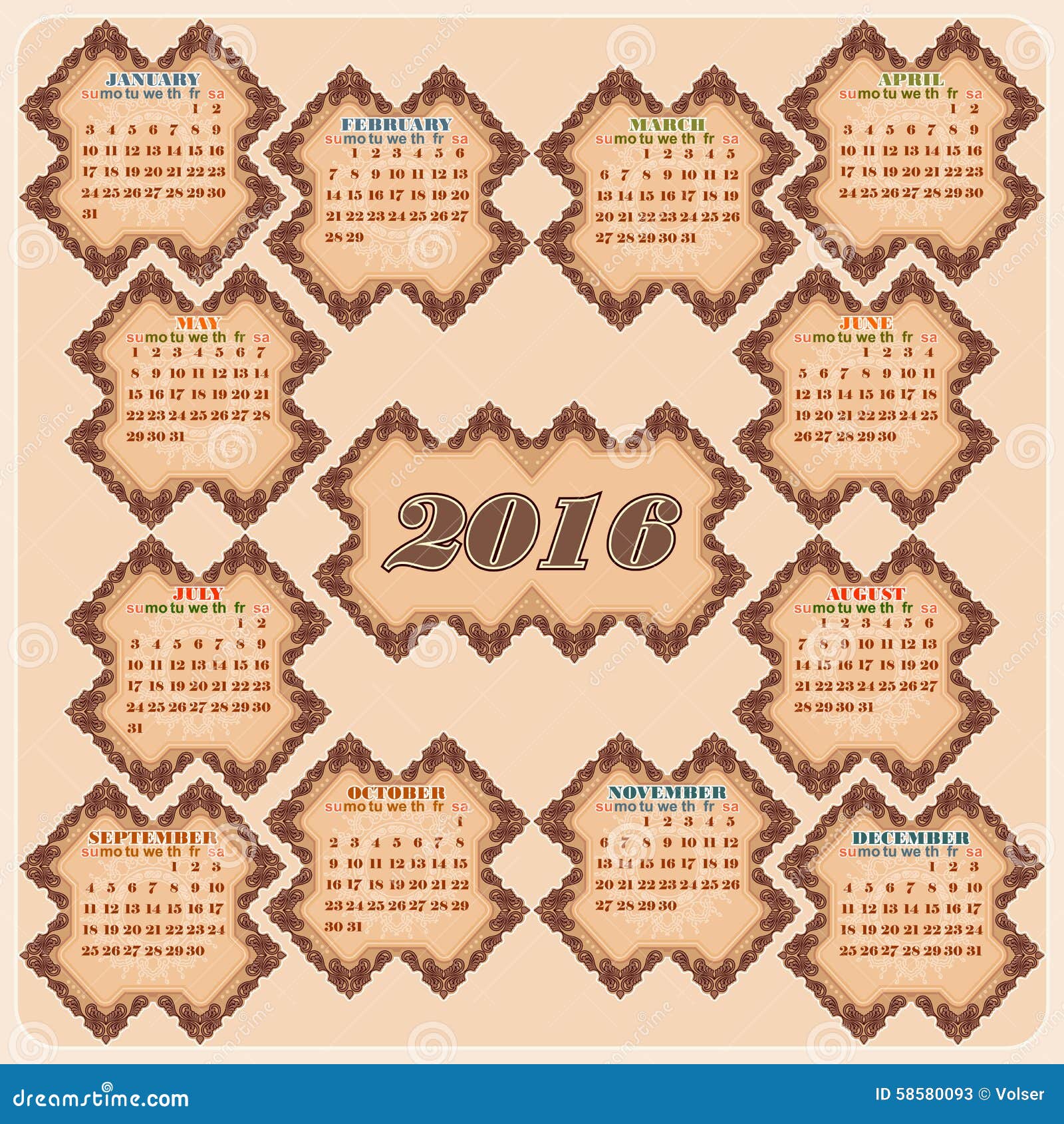 Vintage Decorative, Calendar 2016 Stock Vector Illustration of august