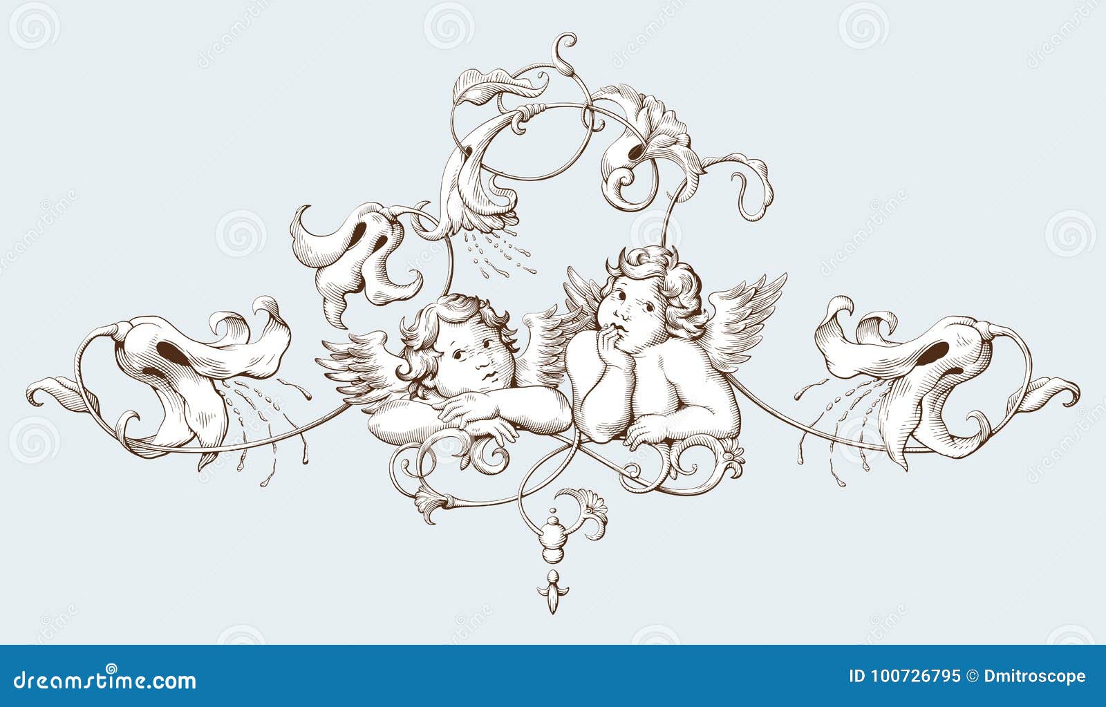 vintage decorative  engraving with baroque ornament pattern and cupids
