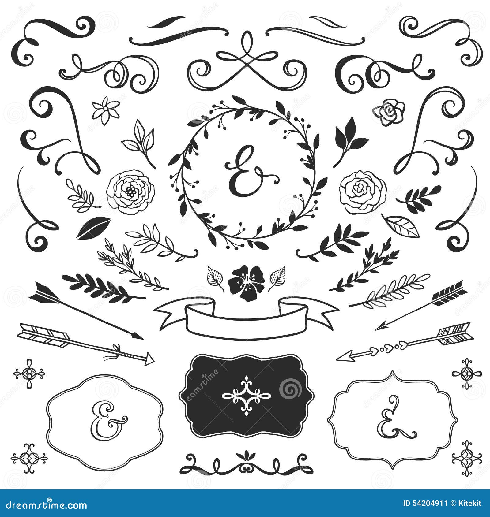 Vintage Decorative Elements with Lettering. Hand Drawn Vector Stock