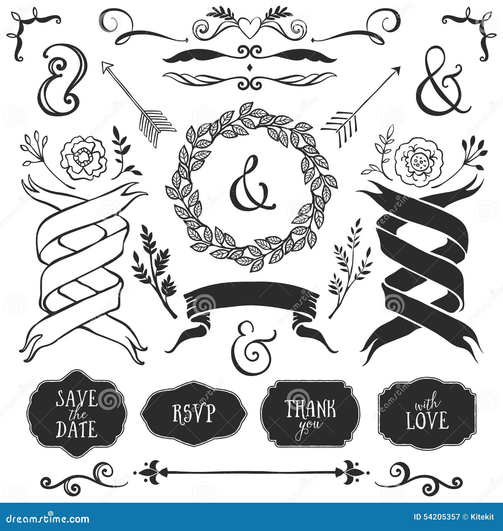 vintage decorative elements lettering hand drawn vector design wedding set 54205357