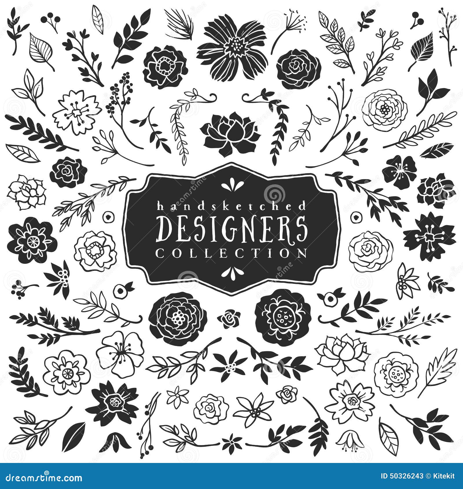 vintage decorative plants and flowers collection. hand drawn