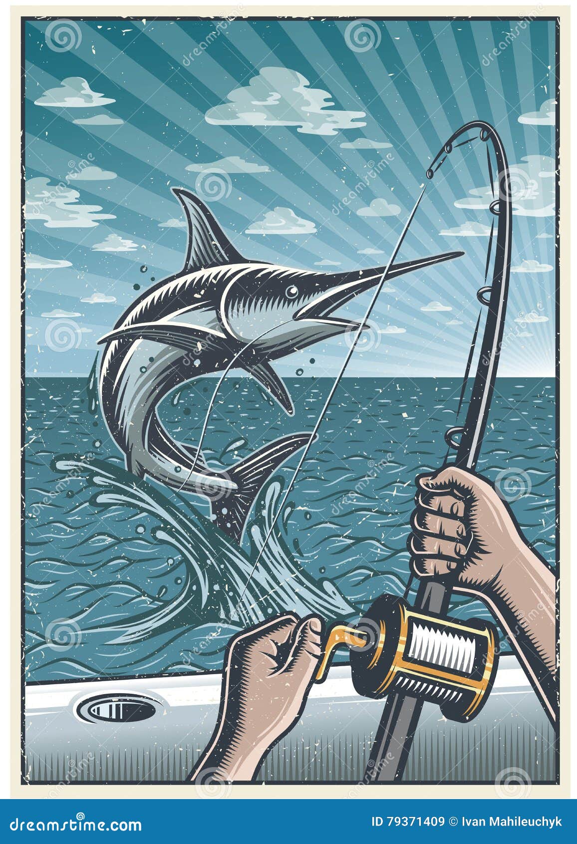 Vintage Deep Sea Fishing Poster Stock Vector - Illustration of