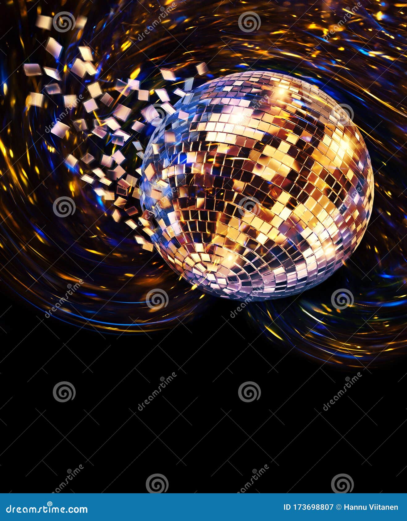 golden disco mirror ball turning and breaking into fragments
