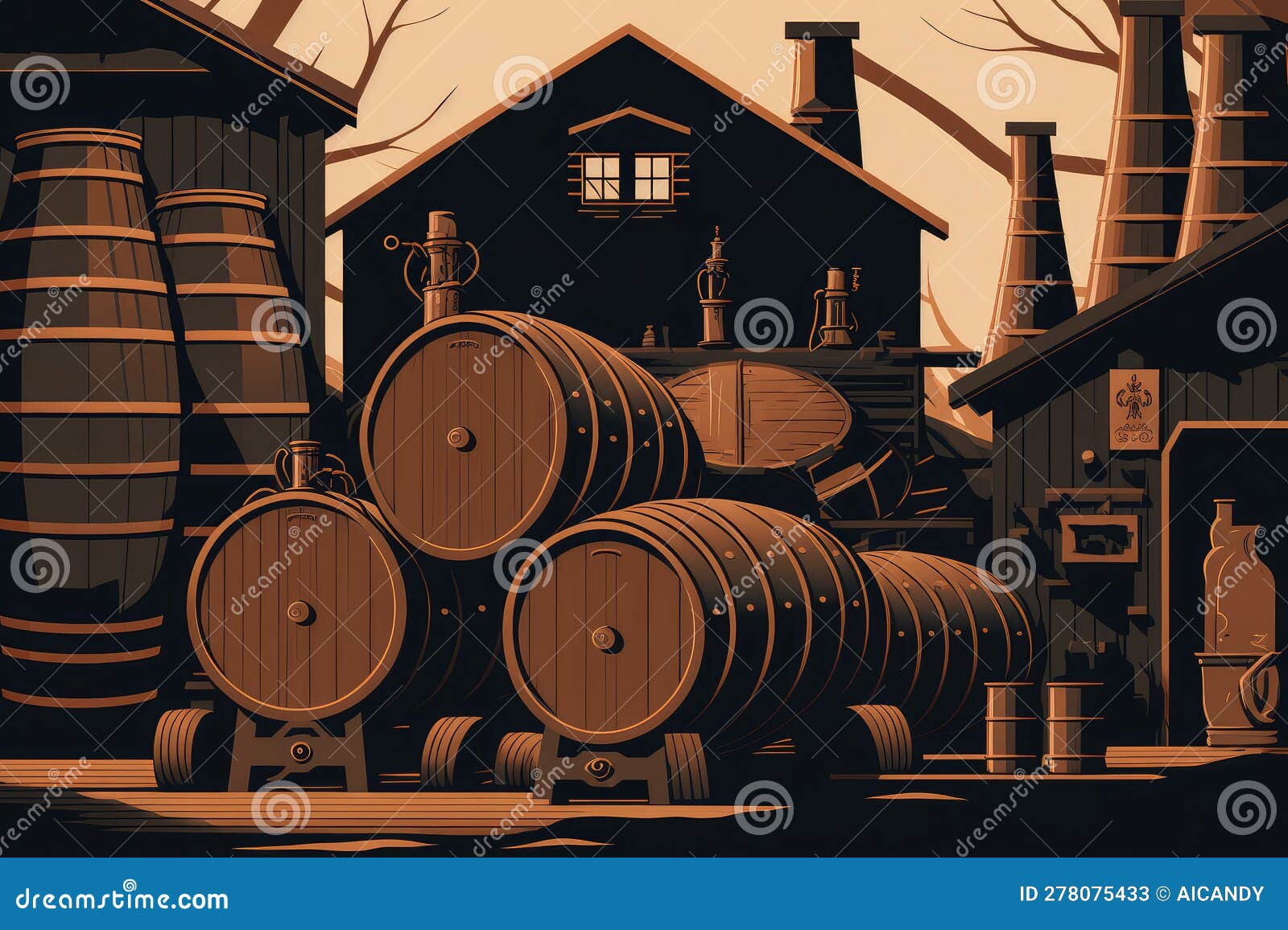 Vintage Distillery Scene With Stacked Whiskey Barrels And Copper Stills ...