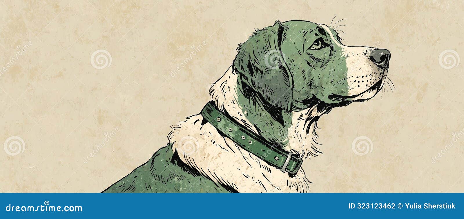 vintage dog with a rugged collar green and white tones grunge style .