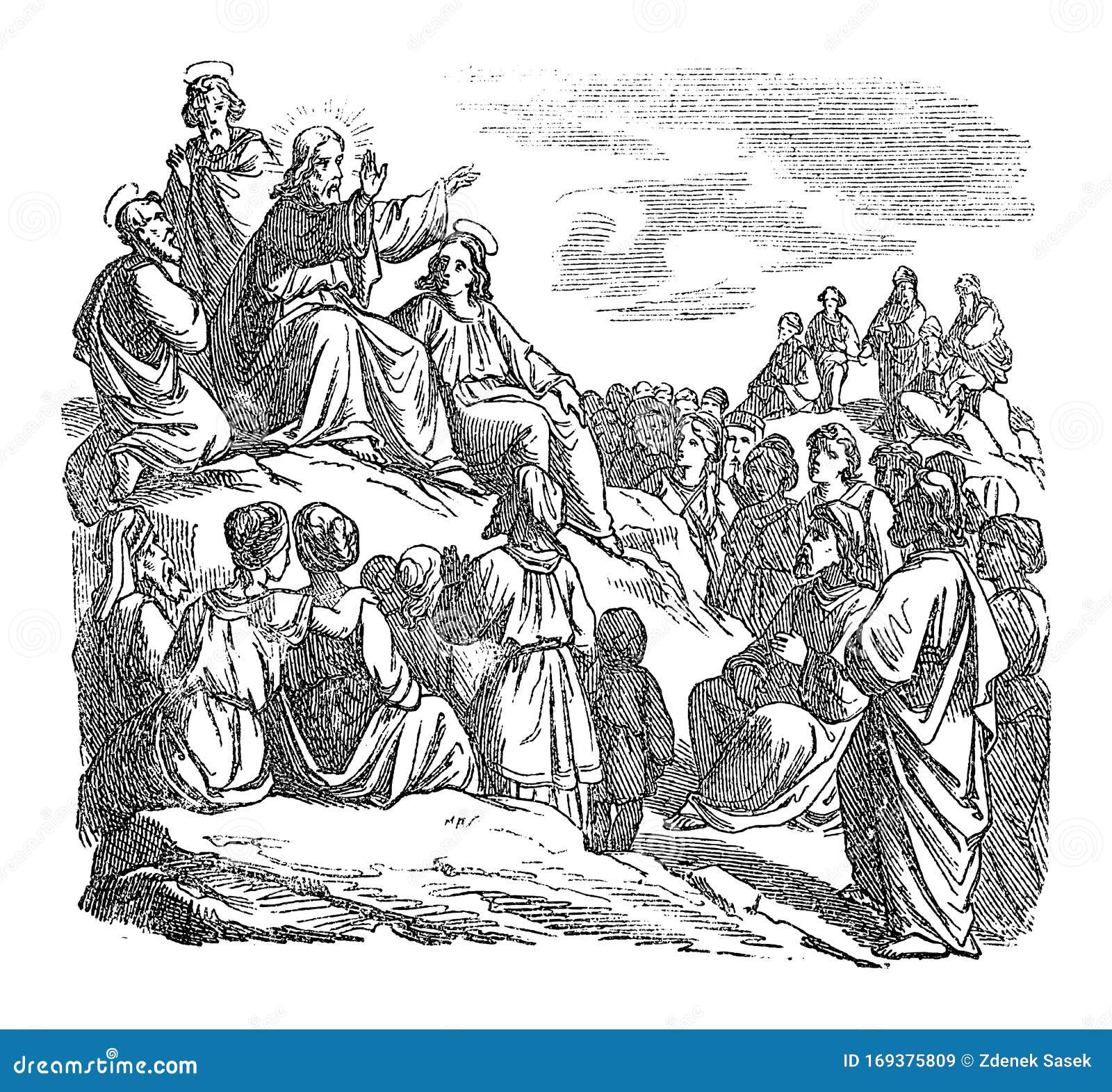 vintage drawing of biblical story of jesus teaching the crowd, sermon in the mount.bible, new testament, matthew 5
