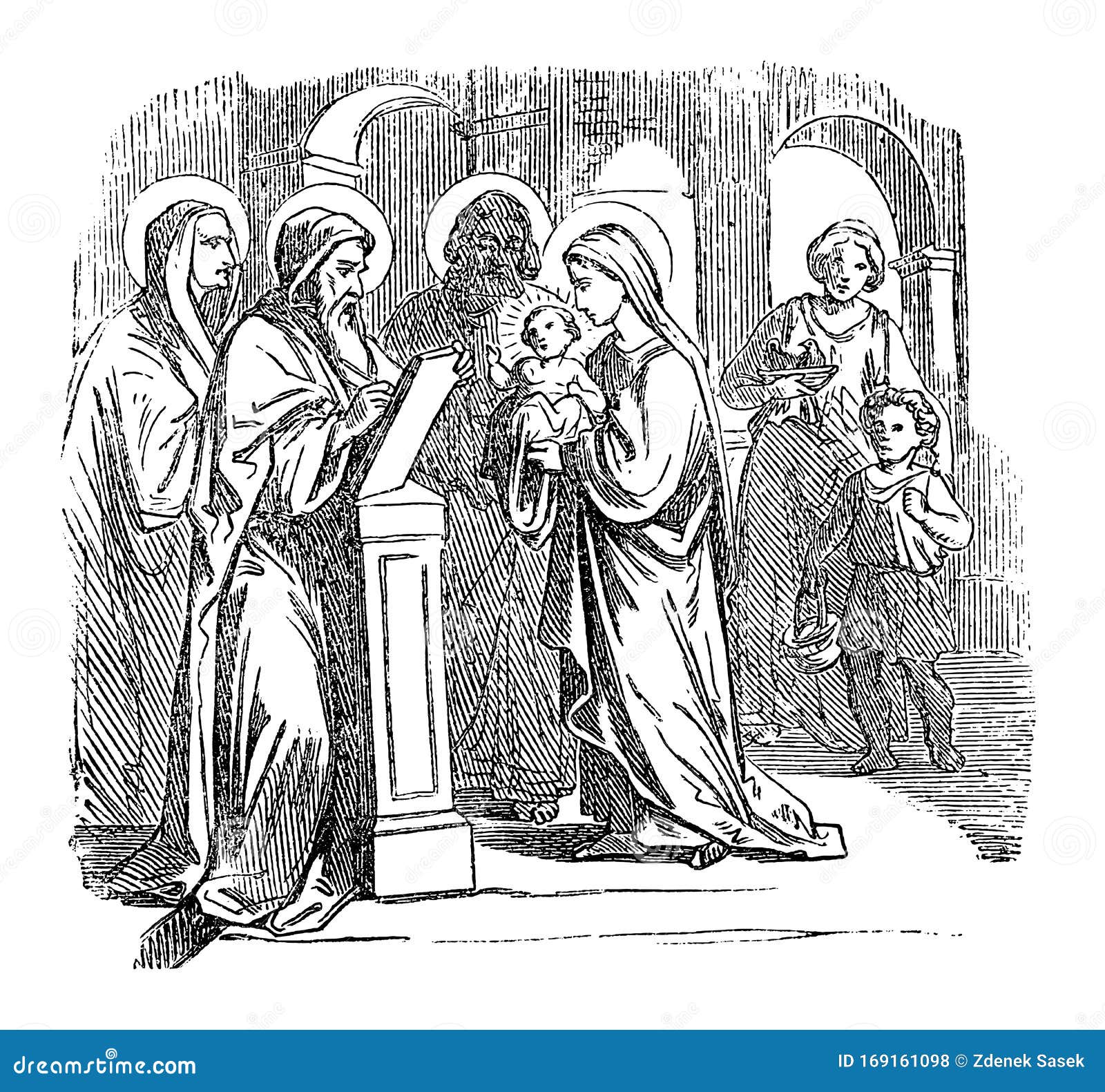 vintage drawing of biblical story of baby jesus in temple with mother mary and father saint joseph, simeon and anna