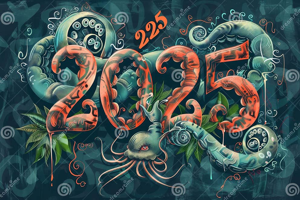 Vintage 2025 Drawing, Tattoo Sketch Hand Drawn Numbers, New Year 2025