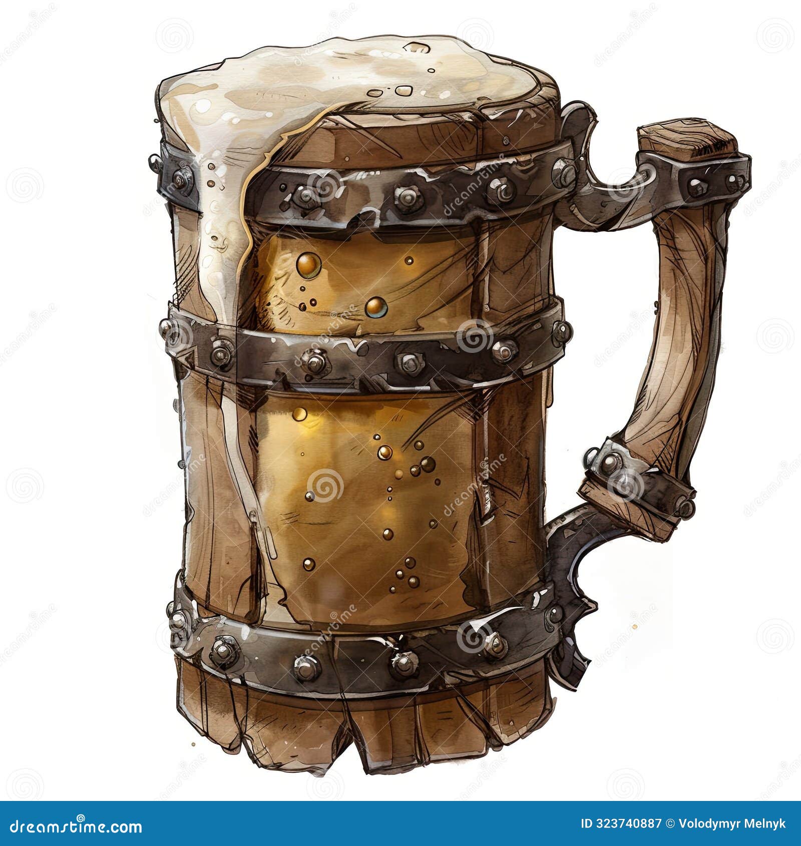 vintage drawn art style. rustic, wooden beer mug adorned with metal bands filled with frothy beer, spilling slightly