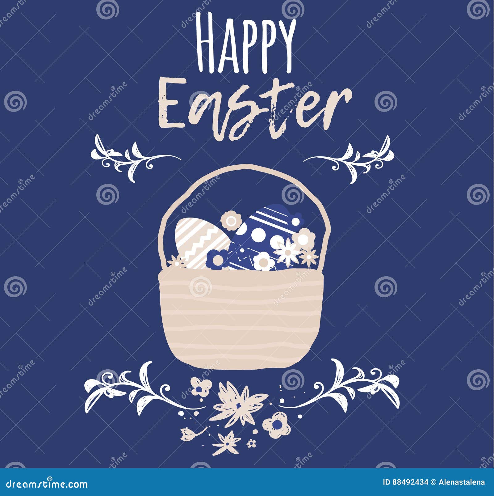Vintage Easter Basket Full of Eggs in Flat Design. Simple Traditional Greeting Card Stock Vector