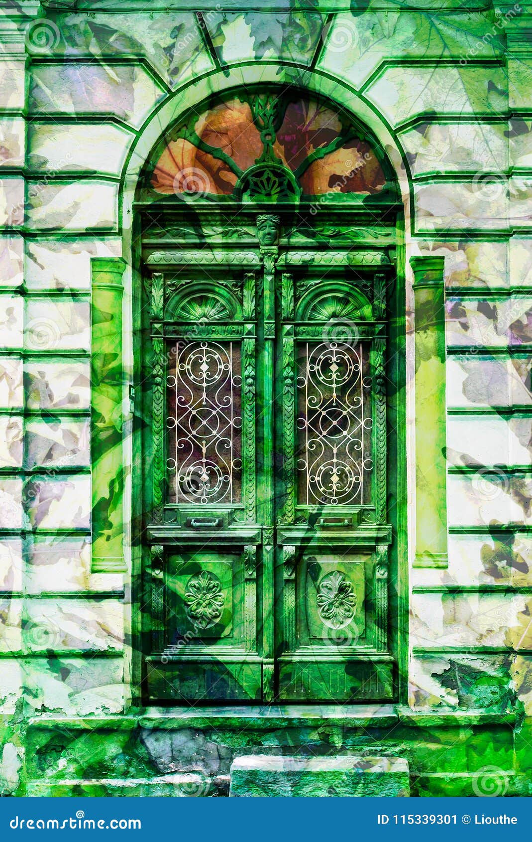 vintage elaborate wooden door with green man