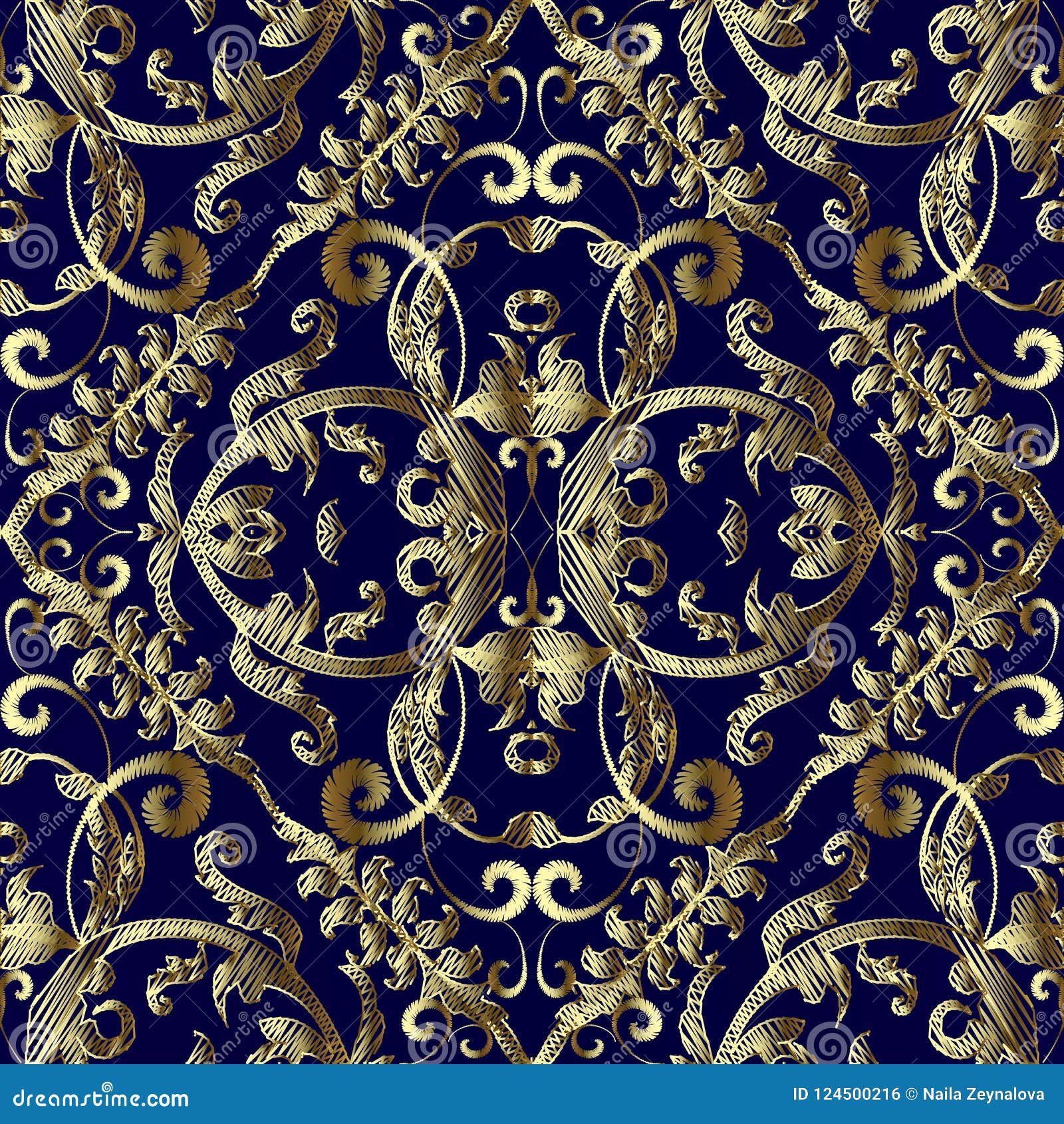 Vintage Embroidered Gold Baroque Vector Seamless Pattern. Tapestry