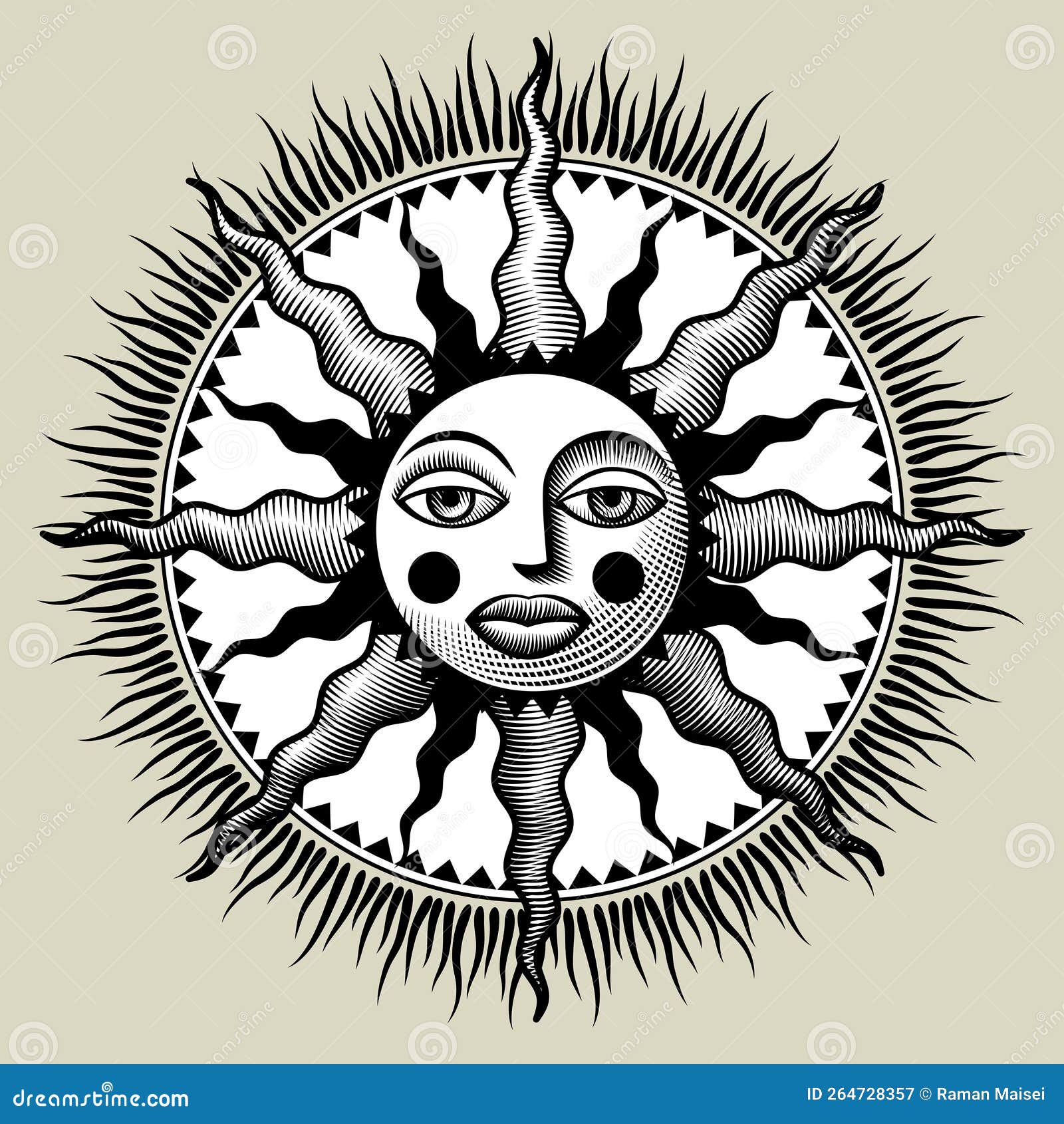 Vintage Engraving Stylized Drawing of Round Decorative Symbol of Sun ...