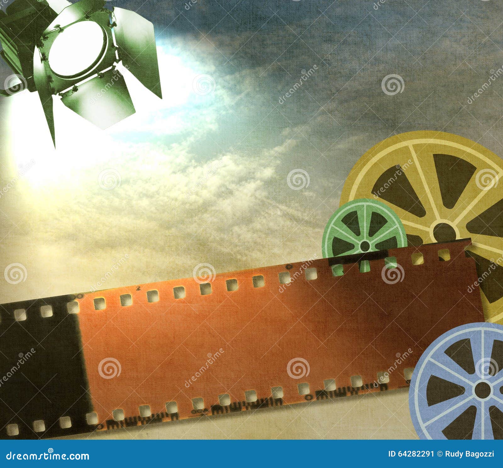 Vintage Film Strip Background with Reels and Reflector Stock Image
