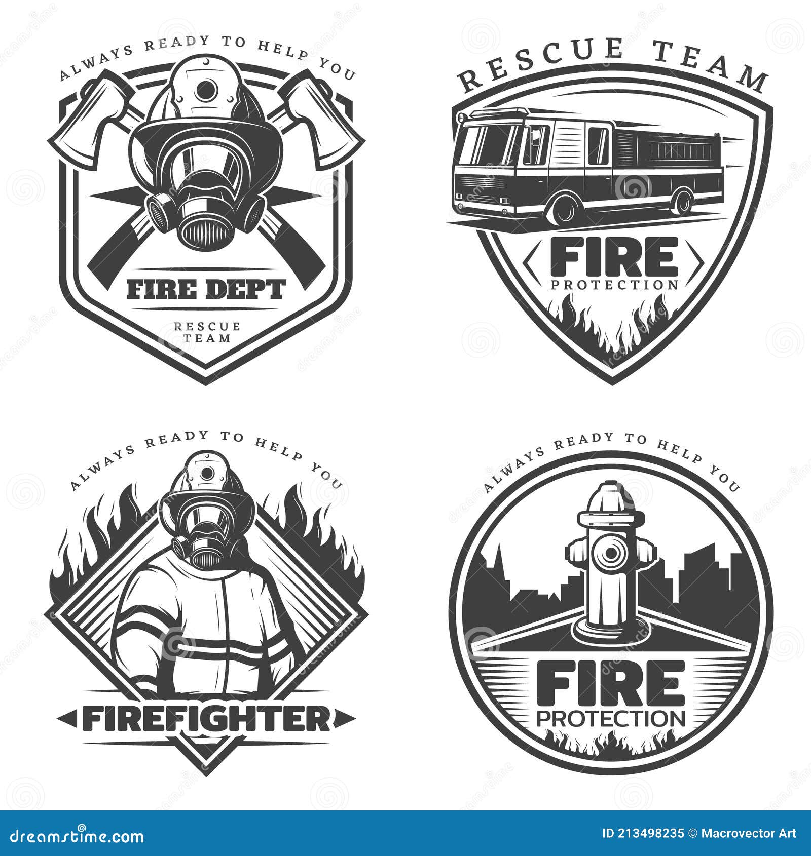 Vintage Firefighting Emblems Set Stock Vector Illustration of help
