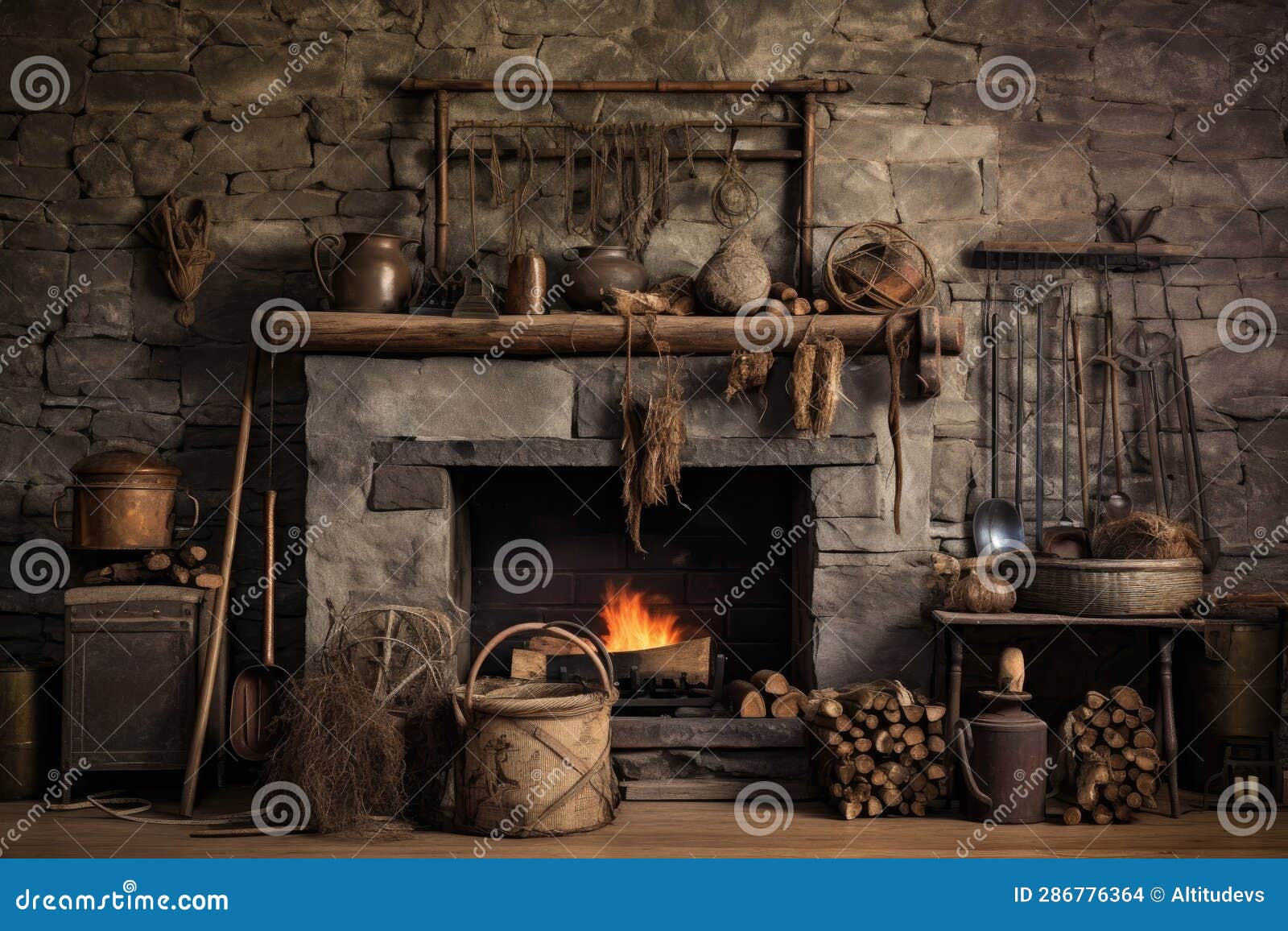 Vintage Fireplace Accessories on a Rustic Hearth Stock Photo Image of