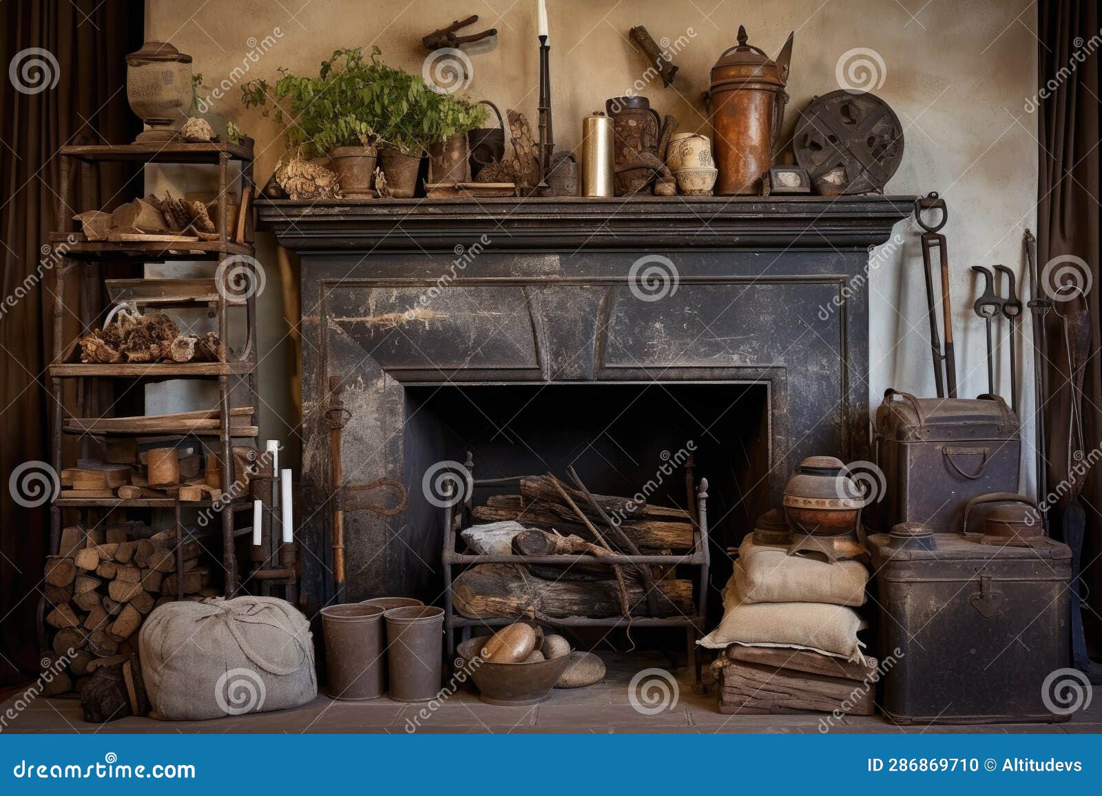 Vintage Fireplace Accessories on a Rustic Hearth Stock Photo Image of