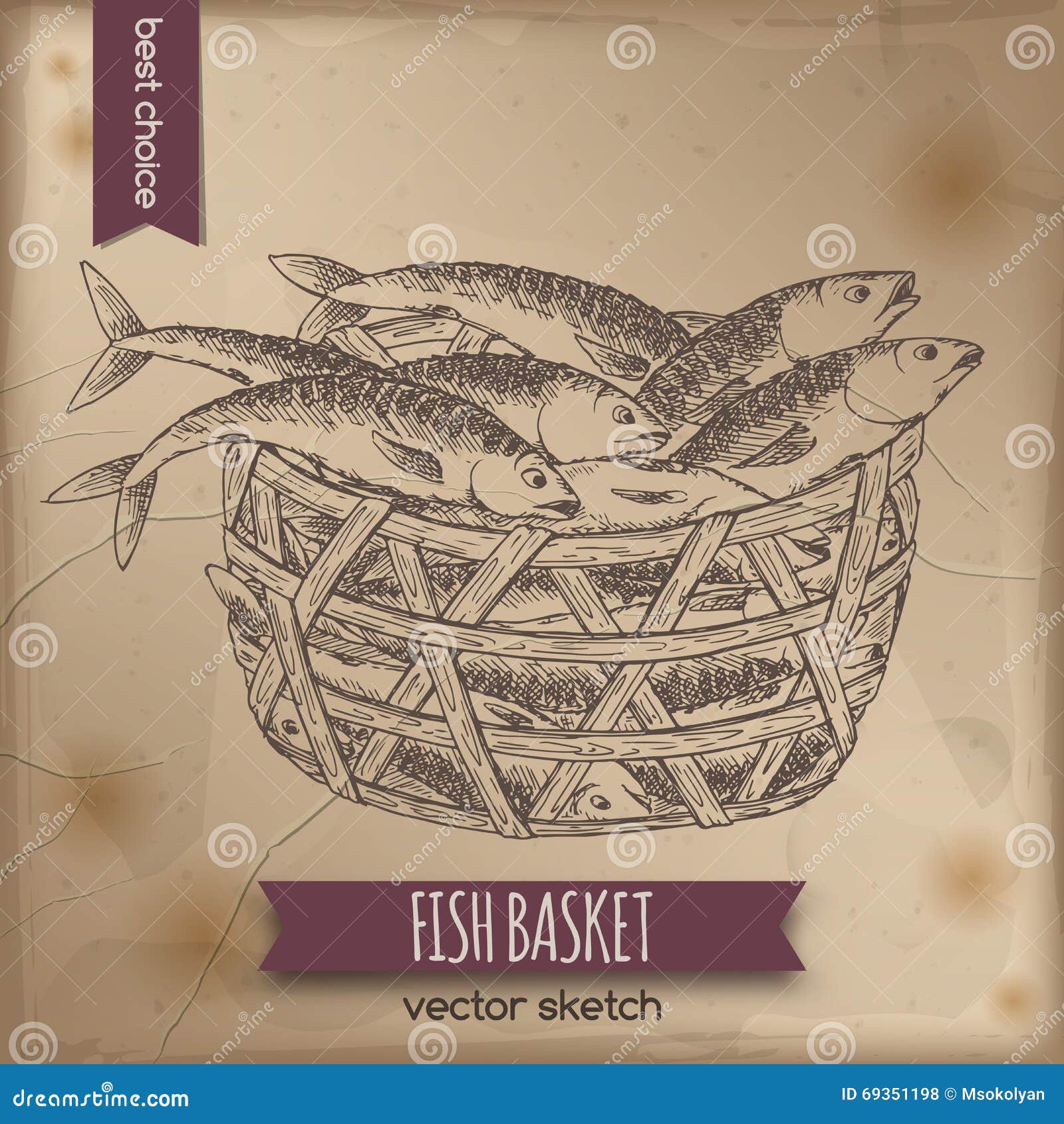 Vintage fish basket sketch stock vector. Illustration of grocery