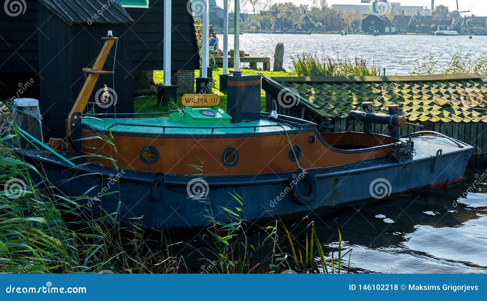 Vintage Fishing Boat In Harbor In Holland, The Netherlands Stock Photo