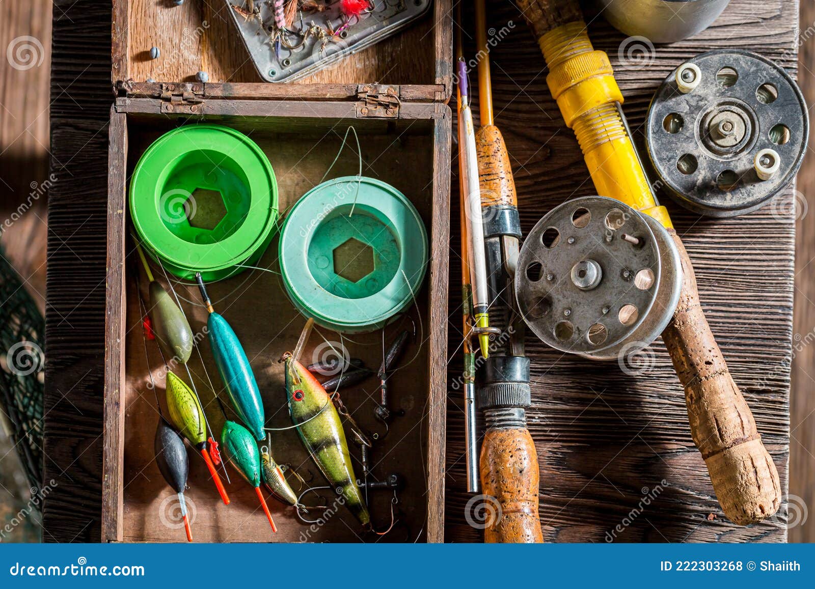 Vintage Fishing Equipment with Rod and Lures. Fishing Preparation Stock  Photo - Image of accessories, gear: 222303268