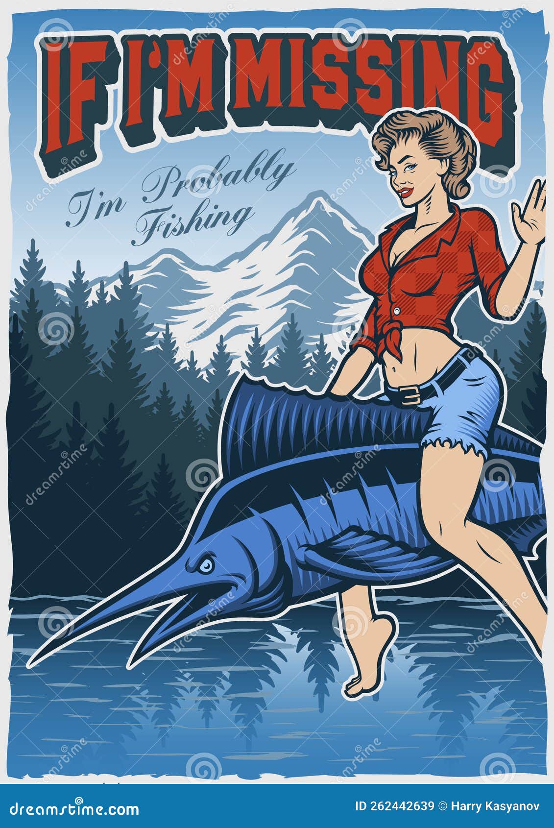 Vintage Fishing Poster with a Pin Up Girl Stock Illustration