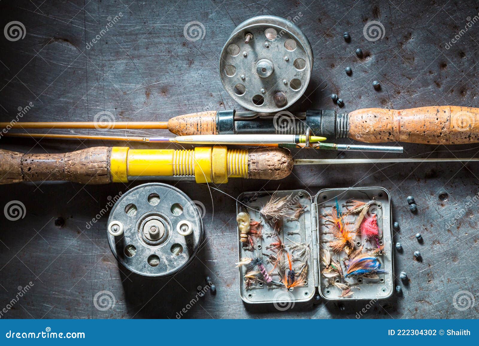 Vintage Fishing Tackle with Flies and Rods. Fishing Preparation Stock Photo  - Image of sport, tackle: 222304302
