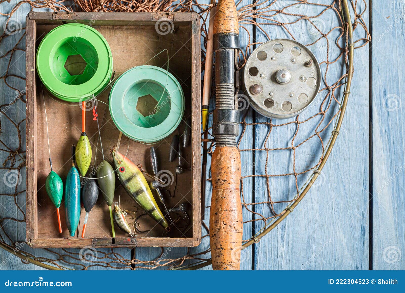 Vintage Fishing Tackle with Rod and Lures. Fishing Preparation Stock Image  - Image of fishing, equipment: 222304523